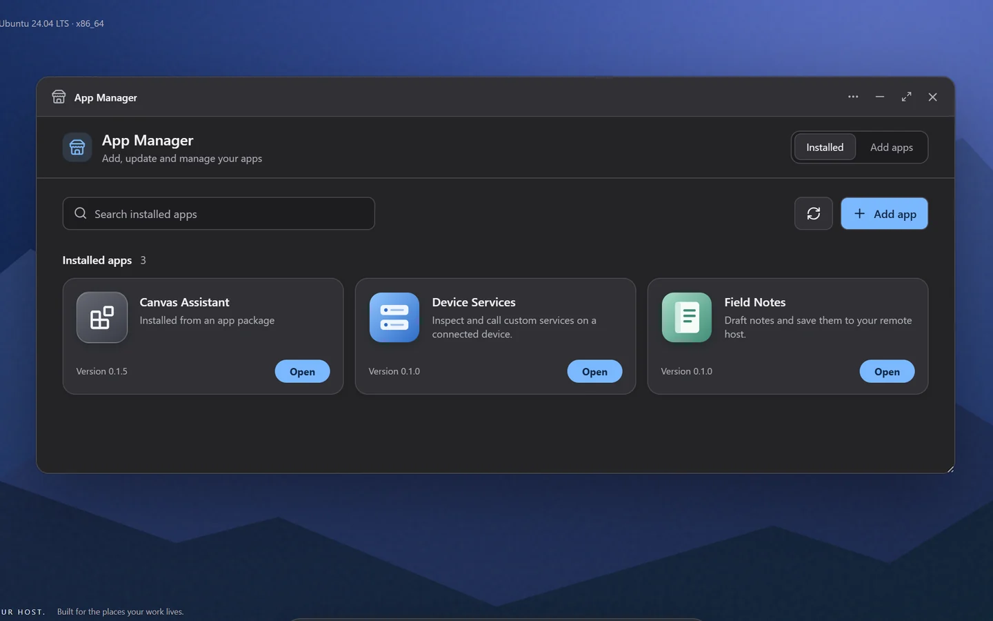 App Manager listing installed apps as tiles with versions and an Open button.