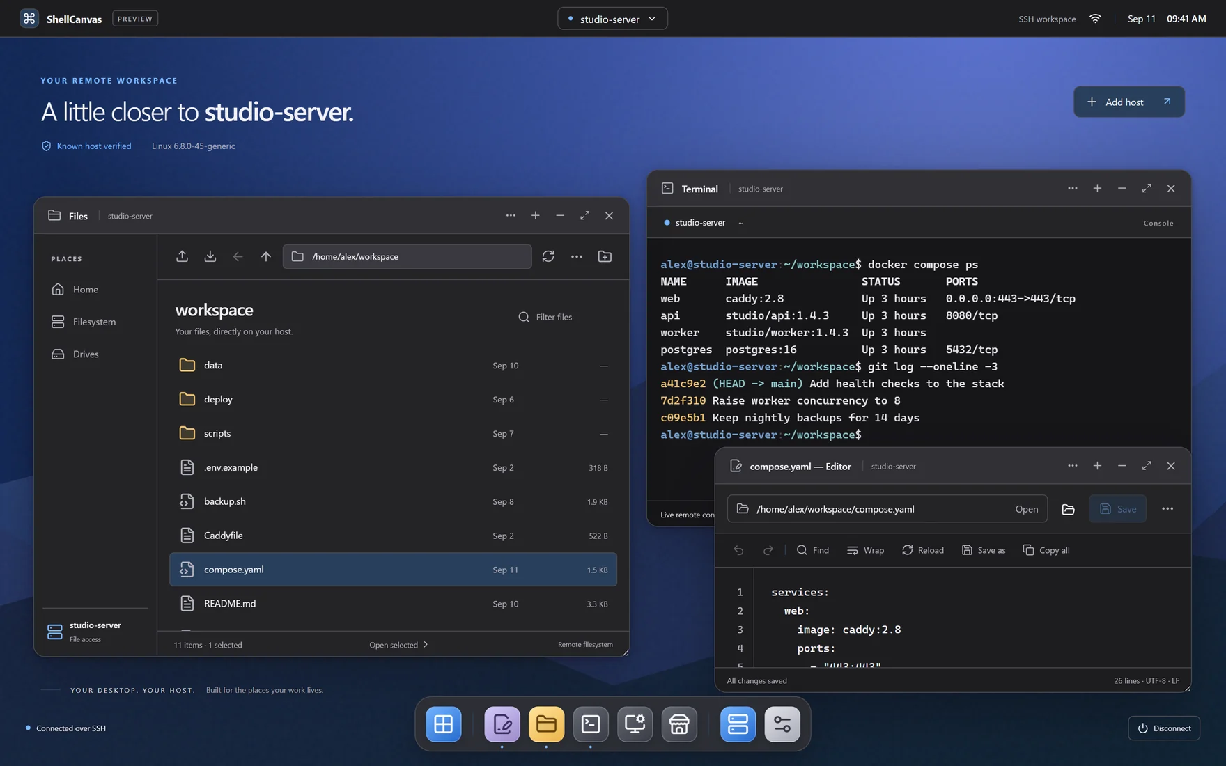 The ShellCanvas desktop on a connected server: a Files window listing a project folder, a terminal running docker compose ps and git log, and compose.yaml open in the editor.