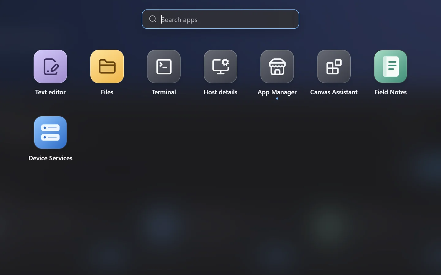 The app launcher with a search field and app icons, including installed apps.