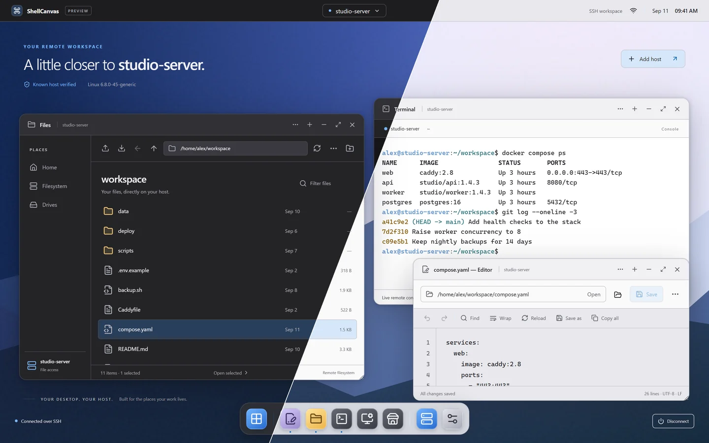 The same desktop split diagonally between the dark and light Canvas theme.