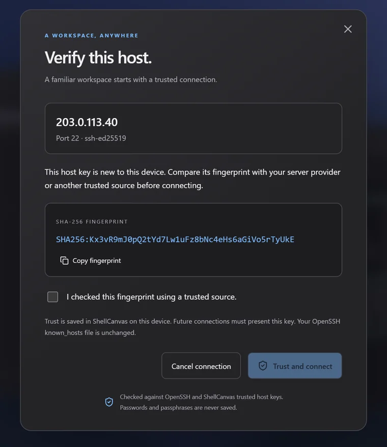 The host verification dialog: the address and port, the SHA-256 fingerprint with a copy button, a confirmation checkbox, and Cancel connection or Trust and connect.